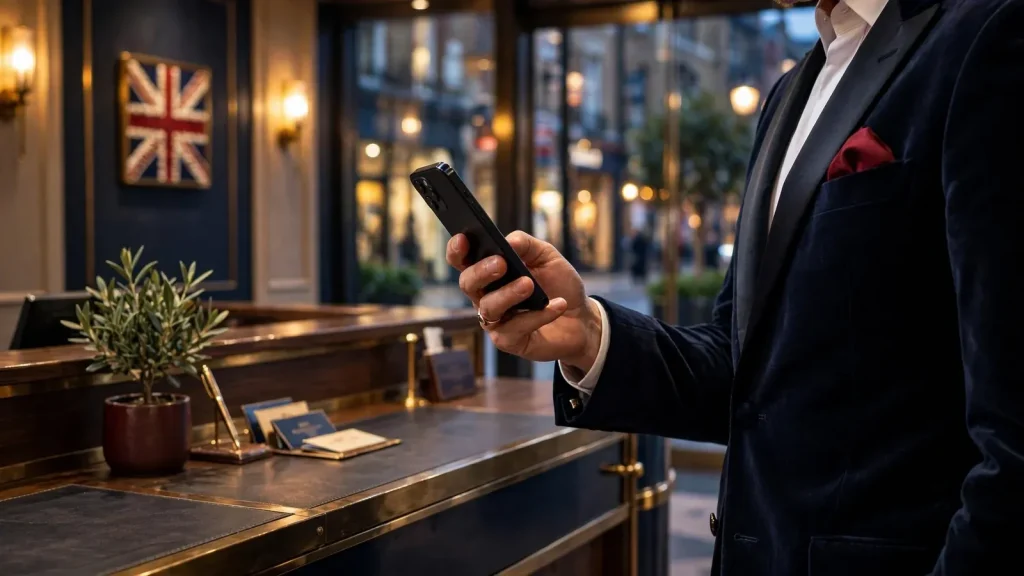 Anonymous adult holds a smartphone at a stylish UK casino reception desk