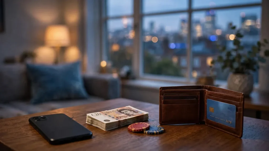 Smartphone face-down with British pounds and casino chips on a table in a UK home