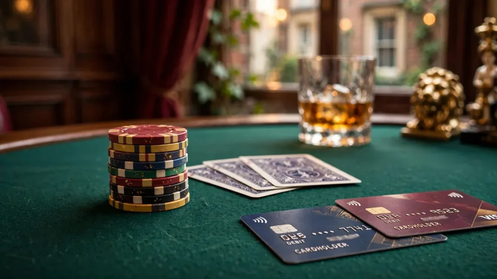 Casino chips, playing cards, and bank cards on a green felt table