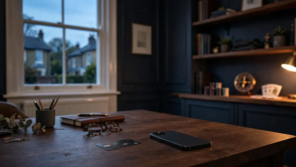 Smartphone and payment card beside subtle casino objects