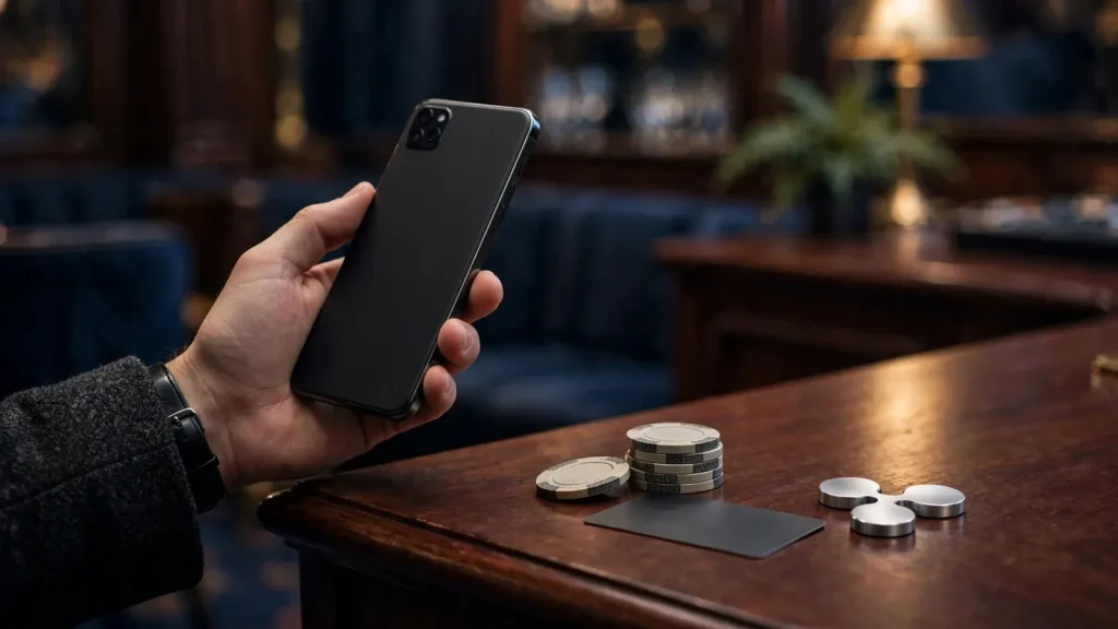 Smartphone, cryptocurrency token, and payment card at a UK casino cashier
