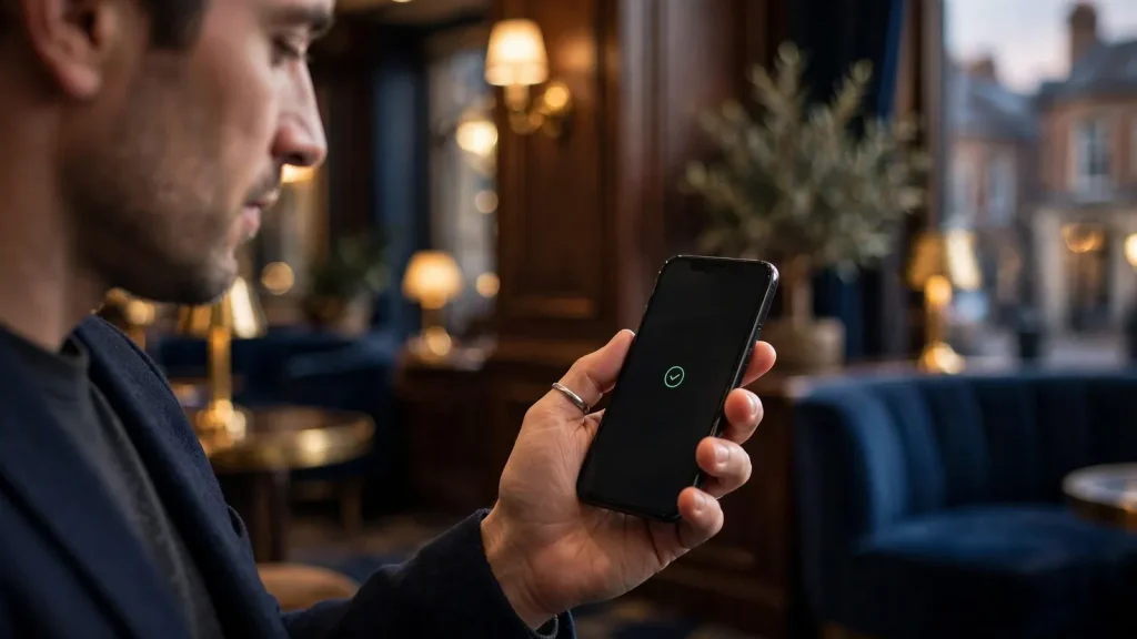Person making a mobile casino payment on a smartphone in a stylish UK venue