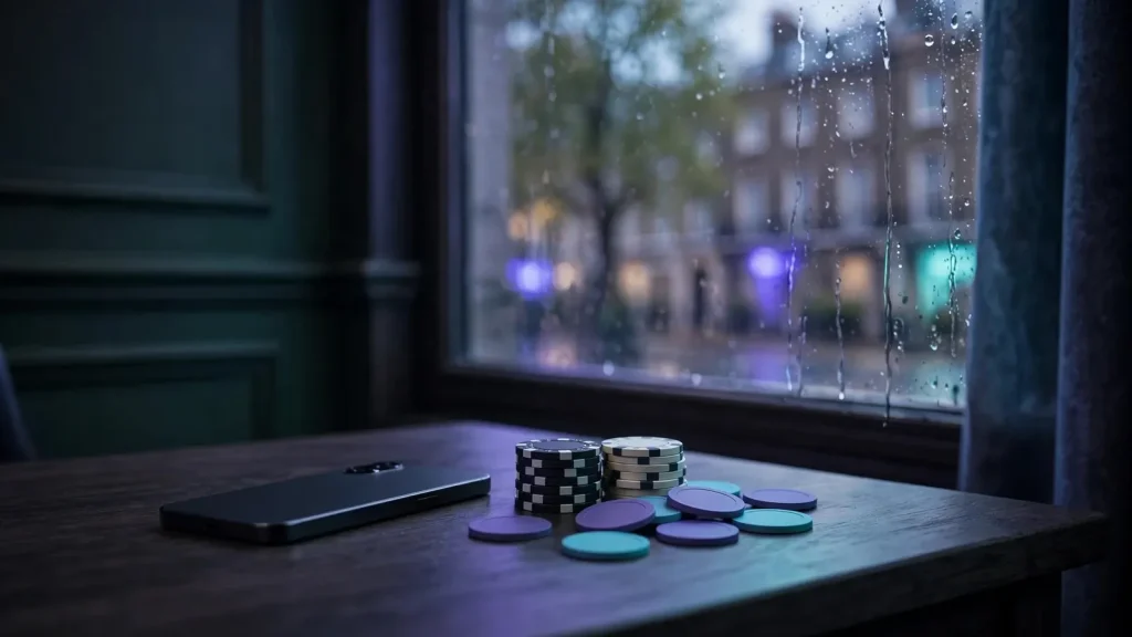 Unbranded phone and casino tokens in a modern British interior