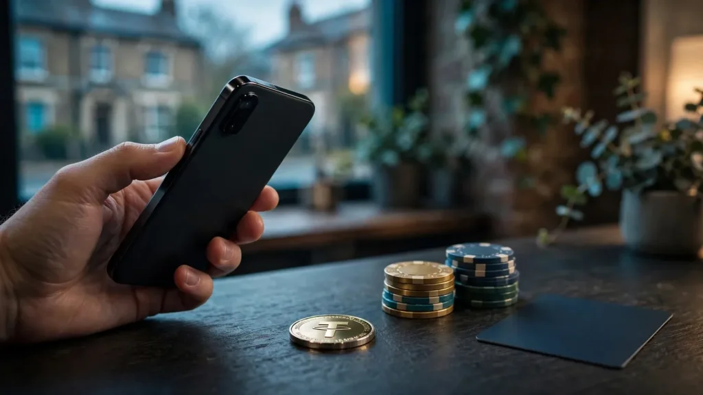 Smartphone and Tether token in a modern UK casino payment setting