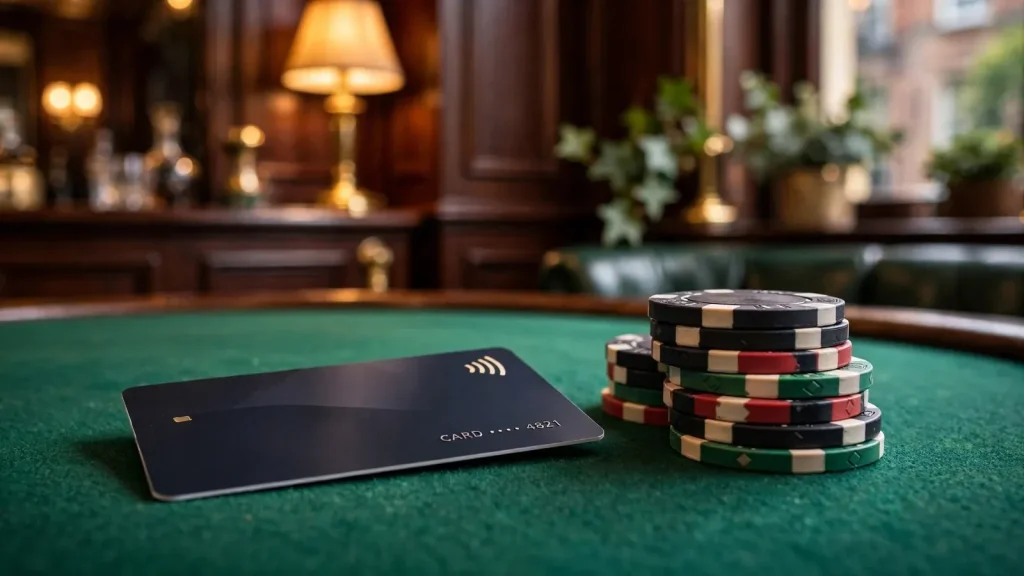 Generic payment card on green casino felt with chips in a UK casino lounge.
