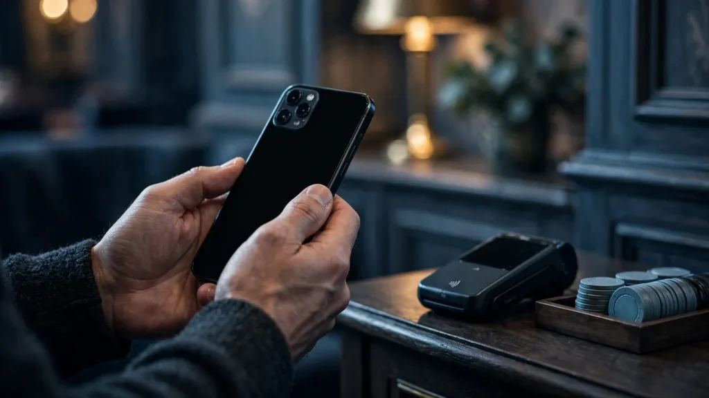 Person checking a private phone beside a modern casino cashier