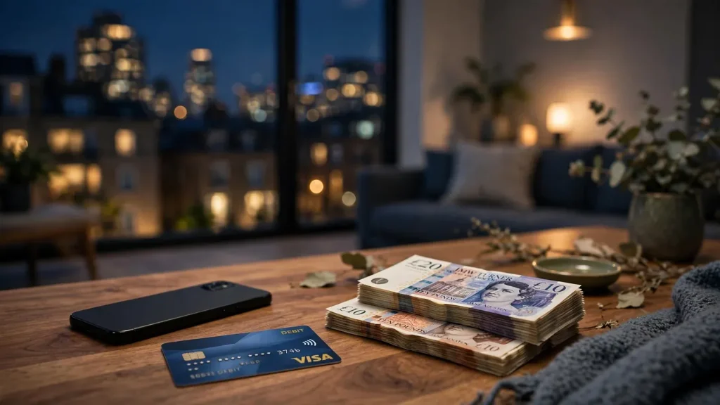 Visa debit card beside a smartphone and British pounds on a London apartment table