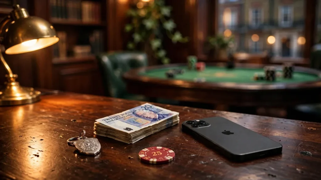 Smartphone, British pounds, poker chip on a wooden desk with blurred gaming table background.