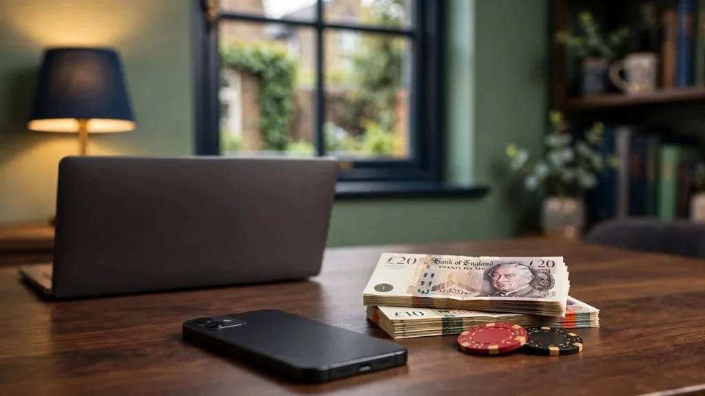 Smartphone on desk with British pounds and casino chips, suggesting wire transfer payment