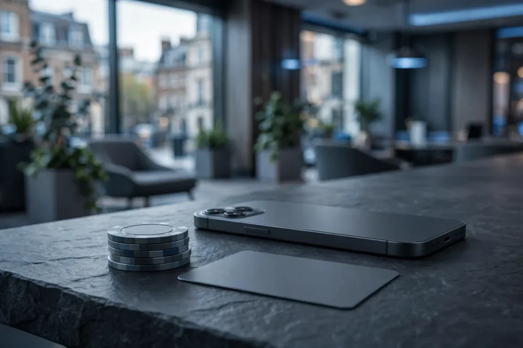 Unbranded payment card and smartphone beside casino chips in a modern UK setting