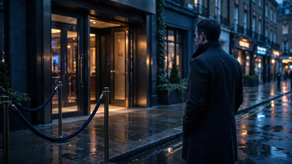 Anonymous adult outside a London casino with phone face-down behind an access barrier