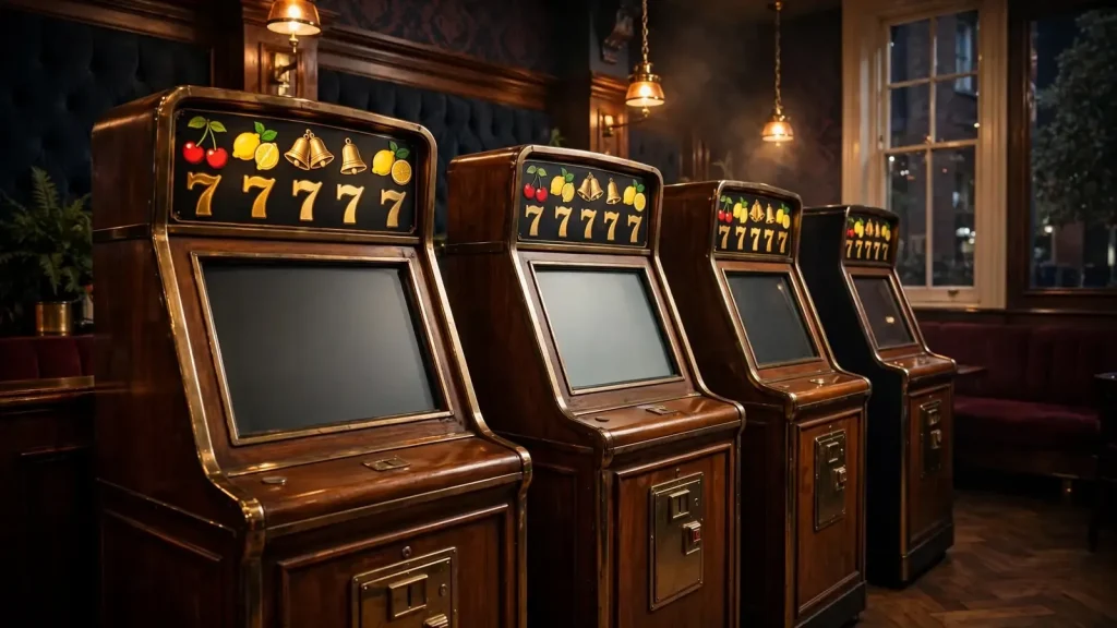 Vintage British fruit machines in a warmly lit retro arcade lounge