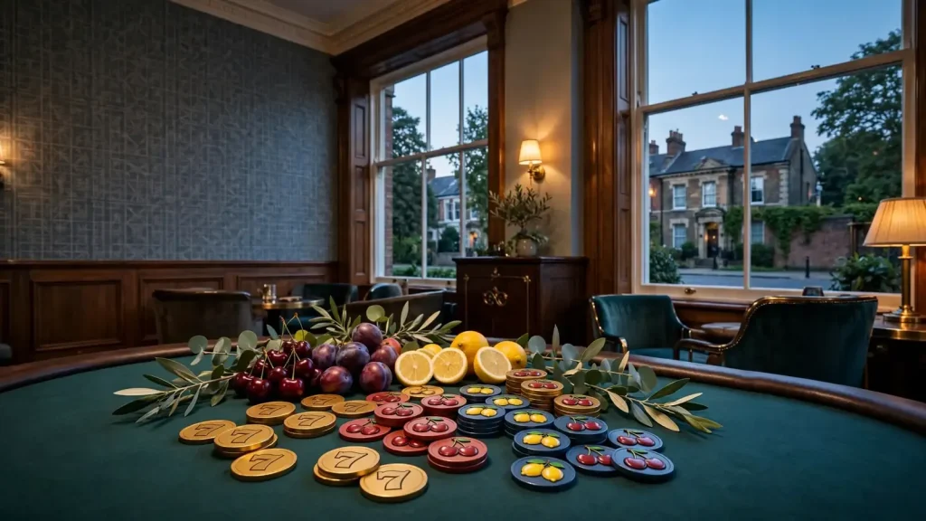 British casino lounge with colourful cluster pays tokens and fruit symbols