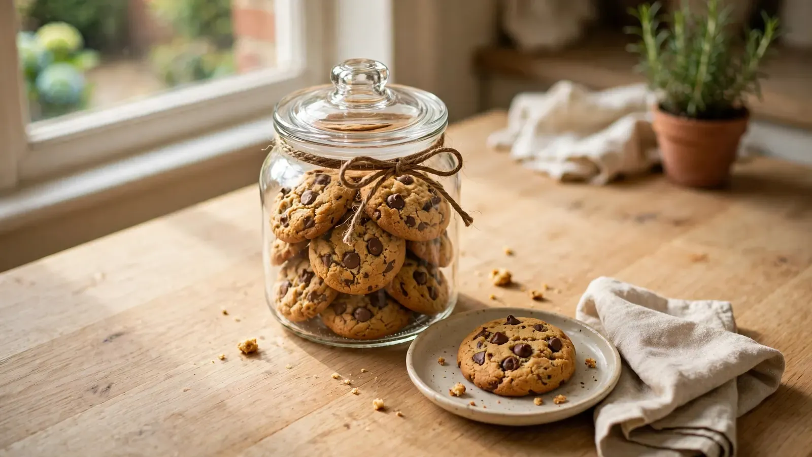 Glass jar of chocolate chip cookies on a wooden kitchen table