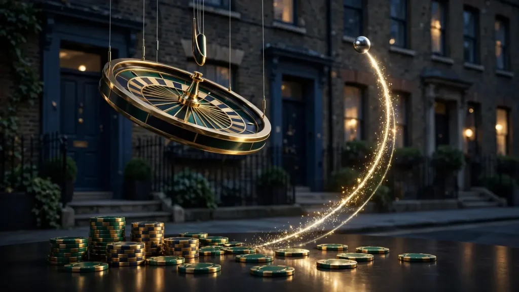 Suspended roulette wheel, casino chips and rising silver ball in a UK-themed crash-game scene.