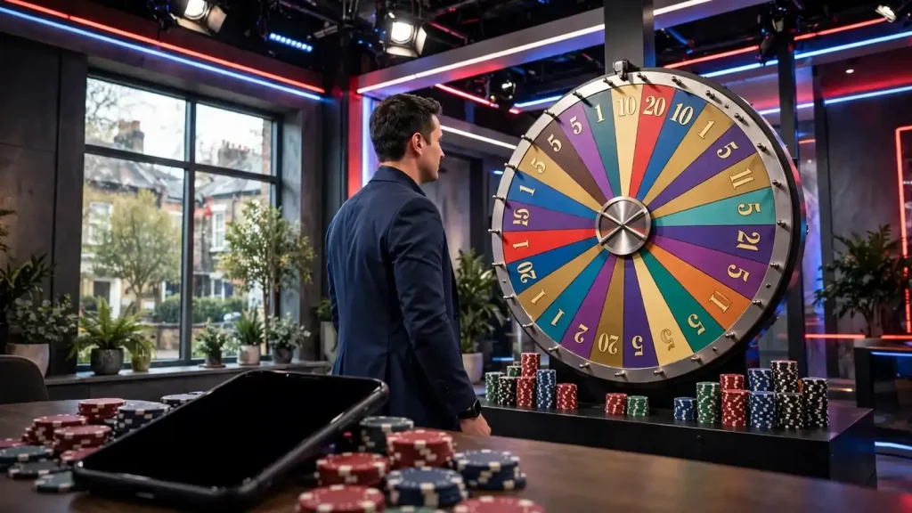 British live casino show studio with presenter, money wheel, chips, and obscured phone