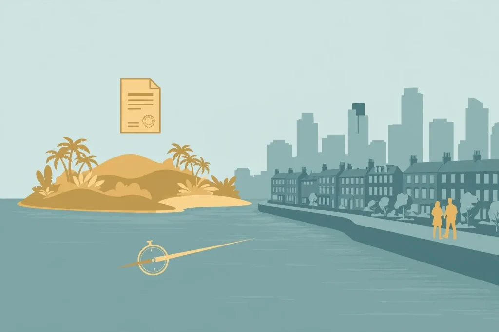 Curacao island silhouette with license document, separated by sea from London skyline.