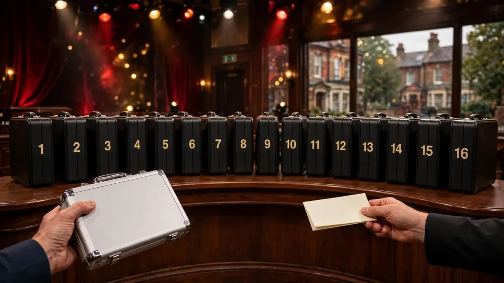 Sixteen briefcases surround a contestant’s case and a banker’s cheque on a dramatic studio table.