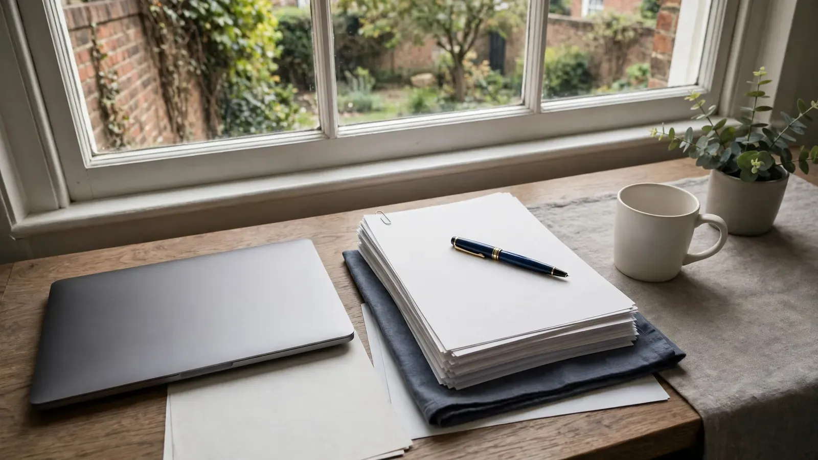 Quiet UK office desk with closed laptop and blank legal documents