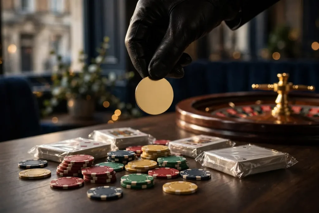 Casino redemption token, chips and roulette wheel on a premium table