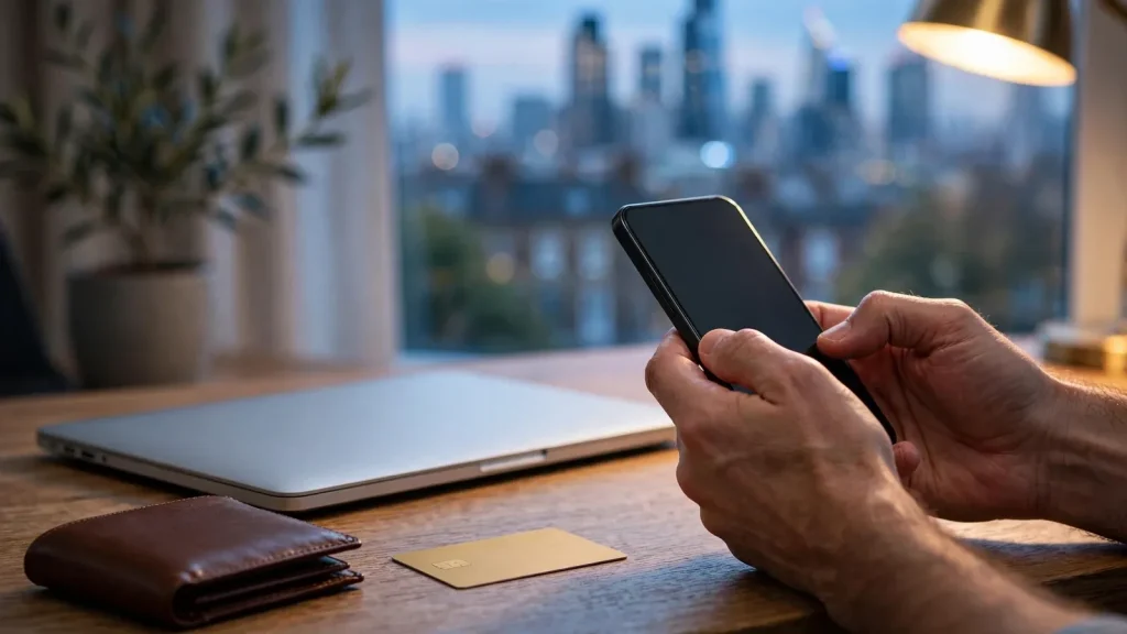Person making a digital payment beside a laptop and bank card