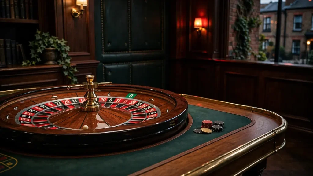 French roulette wheel with green zero in an elegant UK casino setting