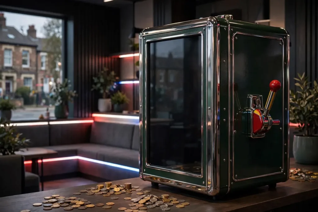 Retro British fruit machine in a modern dimly lit venue