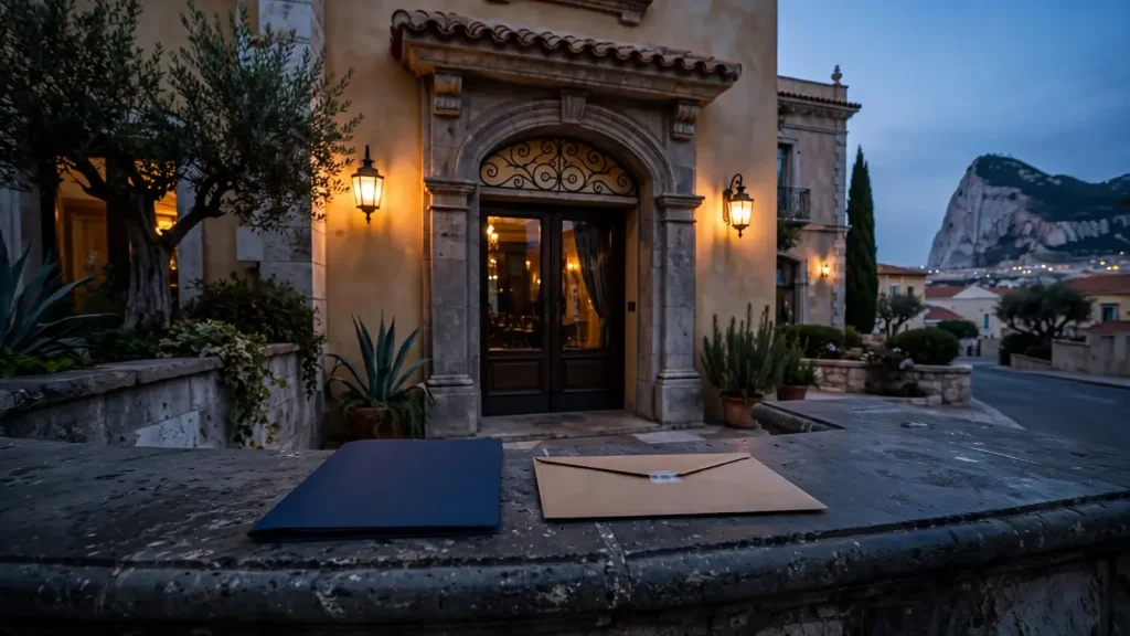Gibraltar casino entrance with licence documents and Mediterranean architecture