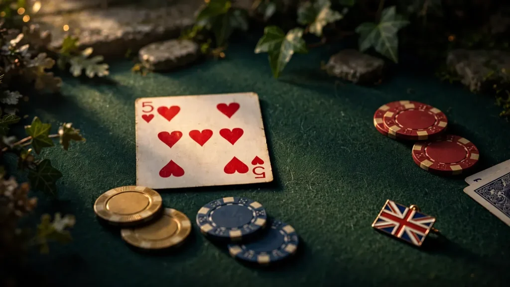 Playing cards and British casino chips on a green felt table