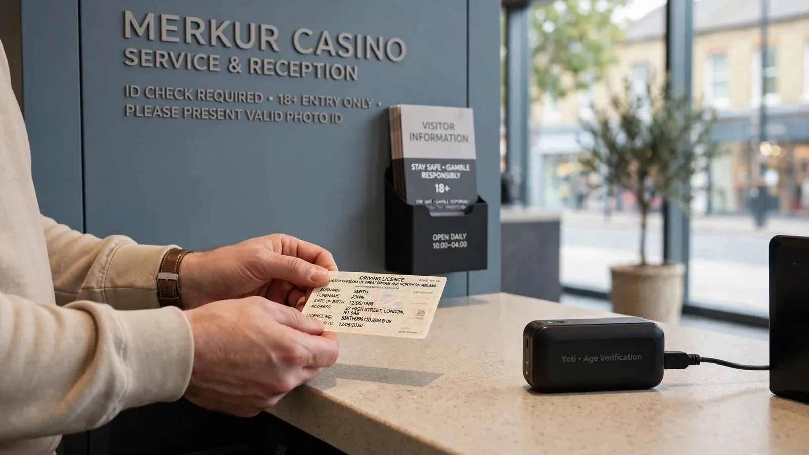 Age verification check at a British casino reception desk