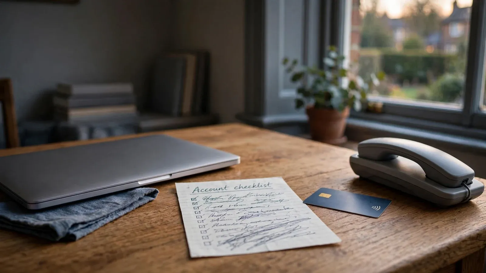 Account checklist, closed laptop and support phone on a home desk