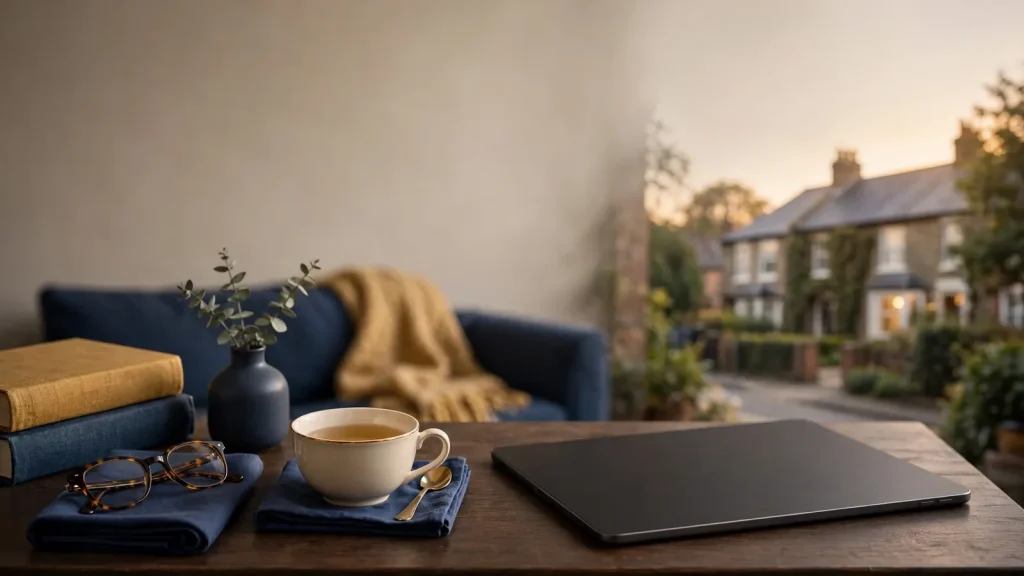 Dark-screen tablet on a wooden table beside tea and reading glasses