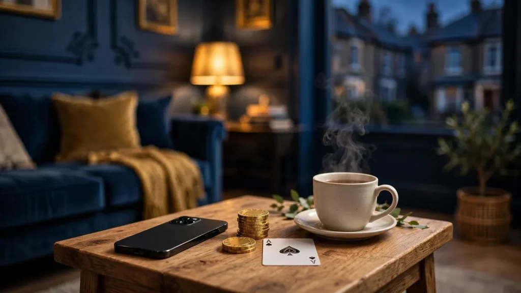 Casino chips and a card beside a face-down smartphone on a British side table at evening.