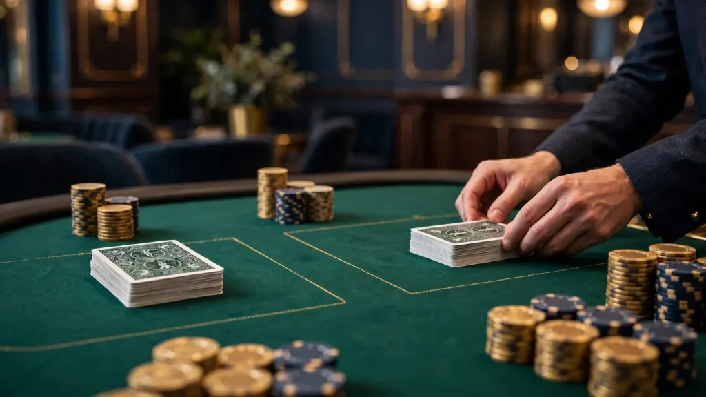 Elegant live baccarat table with two hands and casino chips