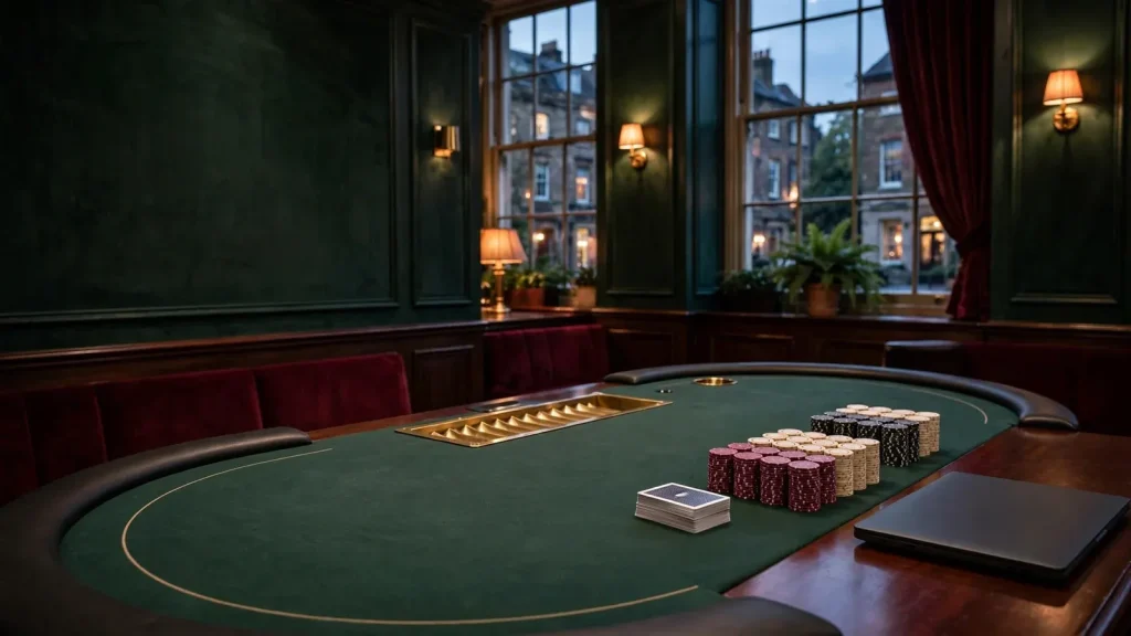 Elegant empty UK live blackjack casino table with cards and chips