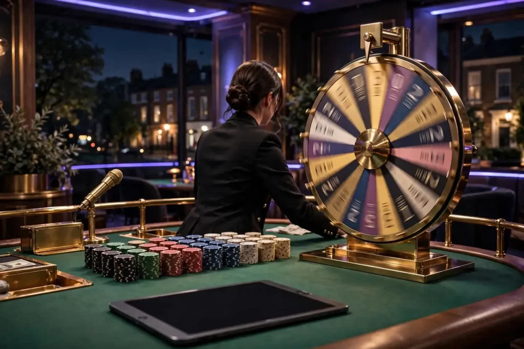 Elegant live casino studio with dealer, money wheel and chips