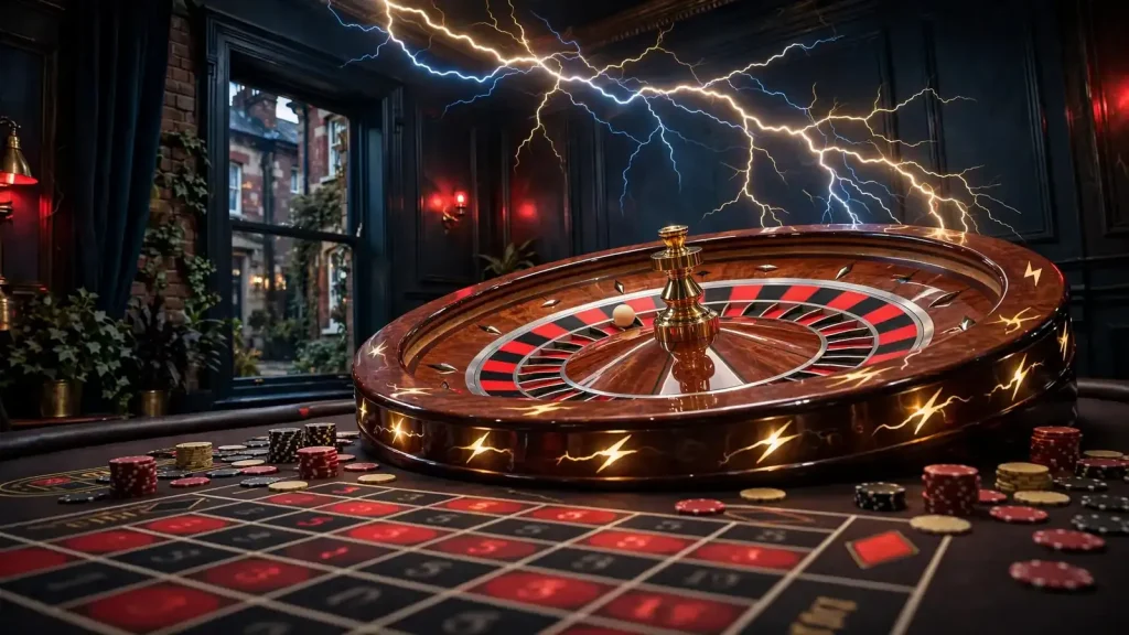 Lightning-themed roulette wheel in an elegant British live casino studio