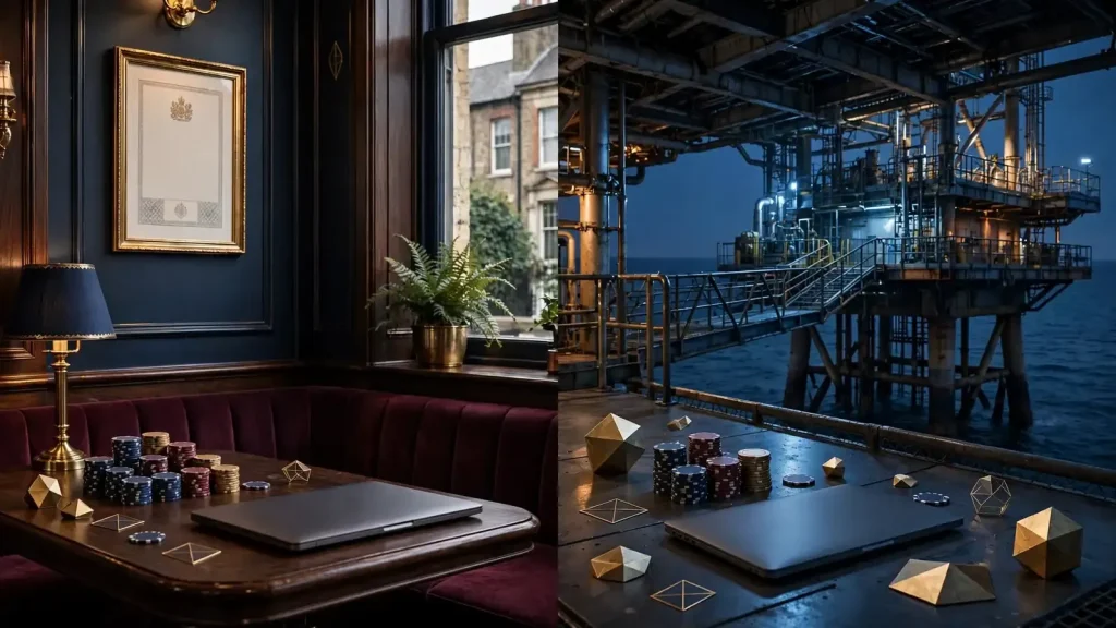 Split scene contrasting regulated and offshore UK online casino environments
