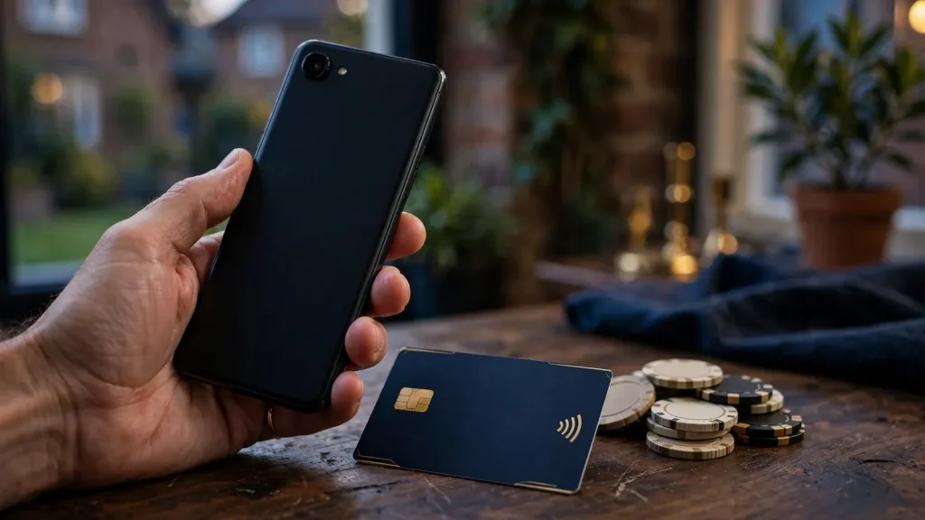 Mobile phone and payment card representing a UK casino top-up