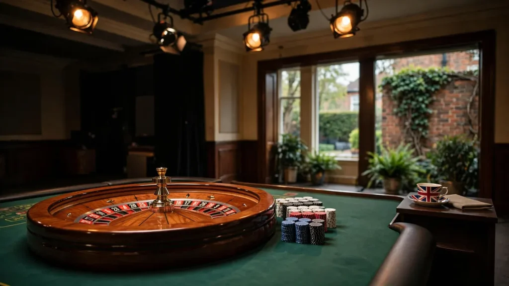 Empty live-dealer casino studio with roulette wheel and subtle British accents