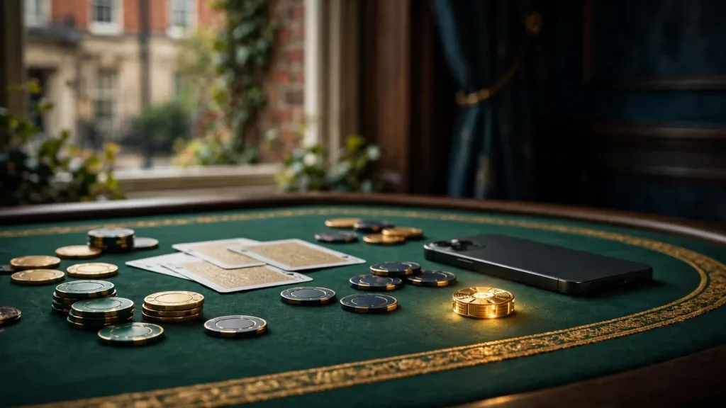 Premium still life with casino chips, cards and free spins token.