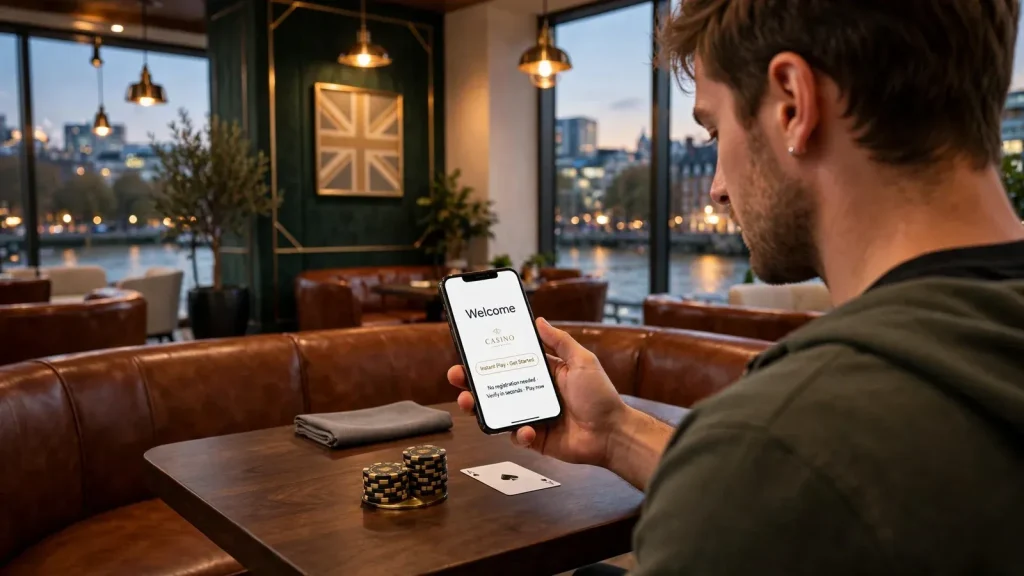 Modern UK casino lounge with person using smartphone at elegant table, London skyline visible through window at dusk