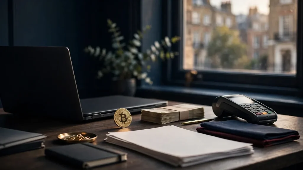 Bitcoin token and UK gambling compliance documents on a secure payment desk