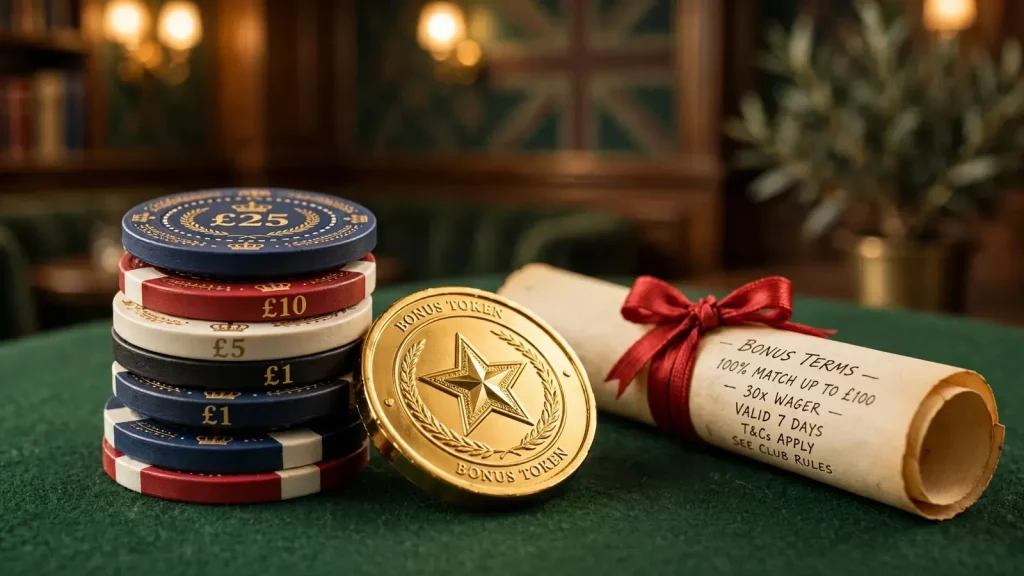 British casino chips, gold bonus token, and a bonus terms scroll on green felt.