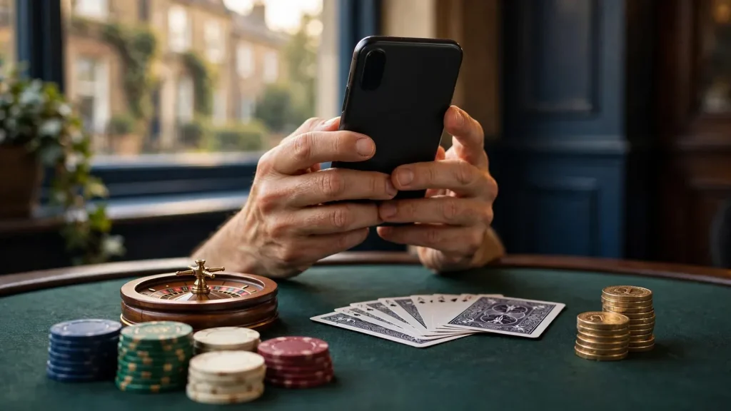 Smartphone, casino chips, roulette wheel, cards and UK pounds on a table