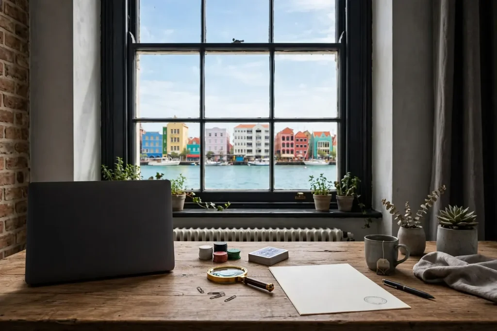 UK desk with concealed laptop, casino objects, and Curaçao waterfront beyond window