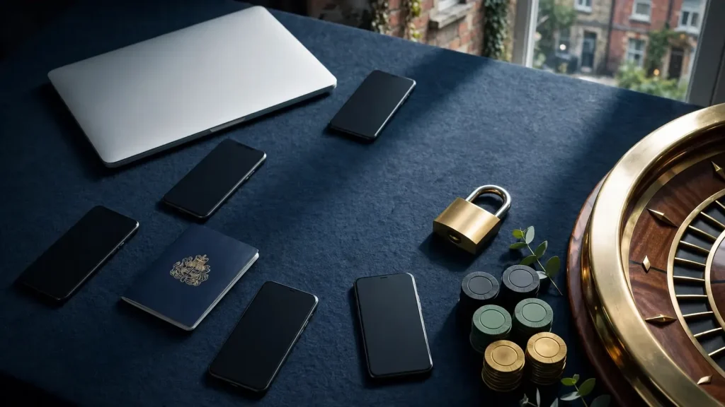 Closed devices, UK passport and casino chips illustrating cross-platform gambling exclusion