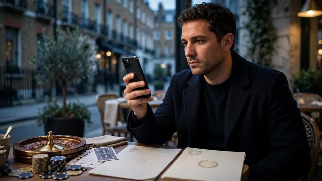 Smartphone and casino objects illustrating UK and overseas licensing distinctions.