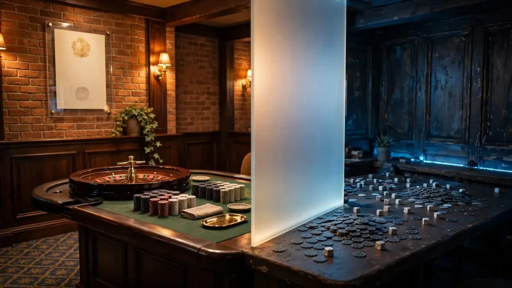 Split scene contrasting a UK-licensed casino corner with an unregulated offshore gambling lounge.