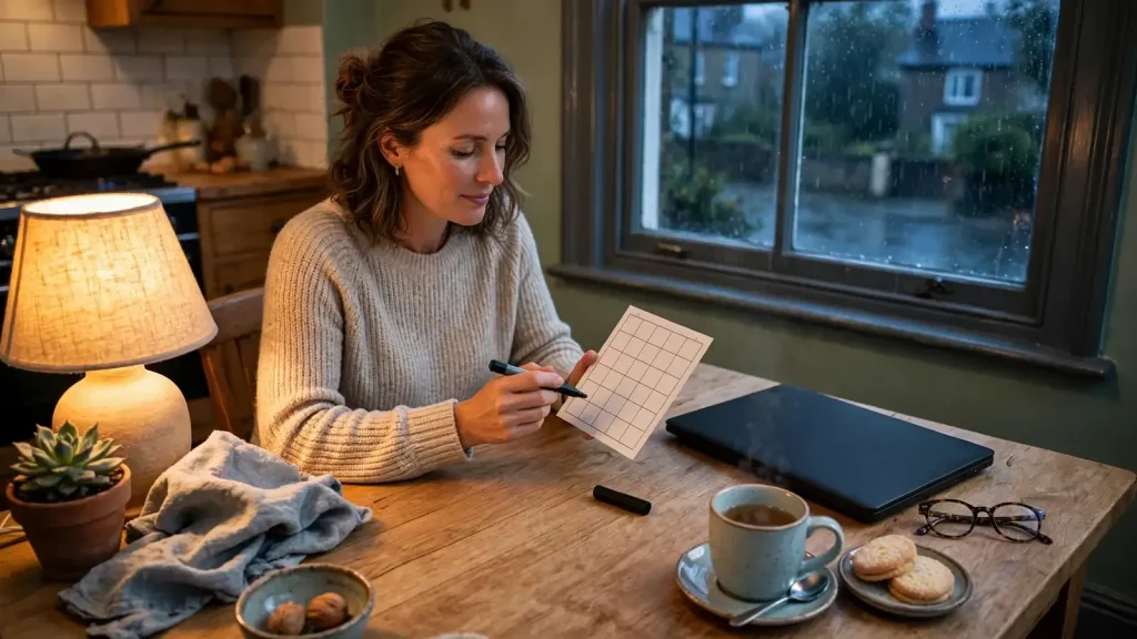 Person marking a blank bingo card beside a closed laptop and tea